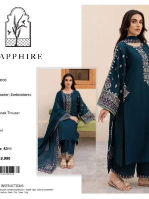 Sapphire 3PC Dahnk Fabric Suit – Heavy Embroidered Sequence Work | Premium Winter Collection 2025
