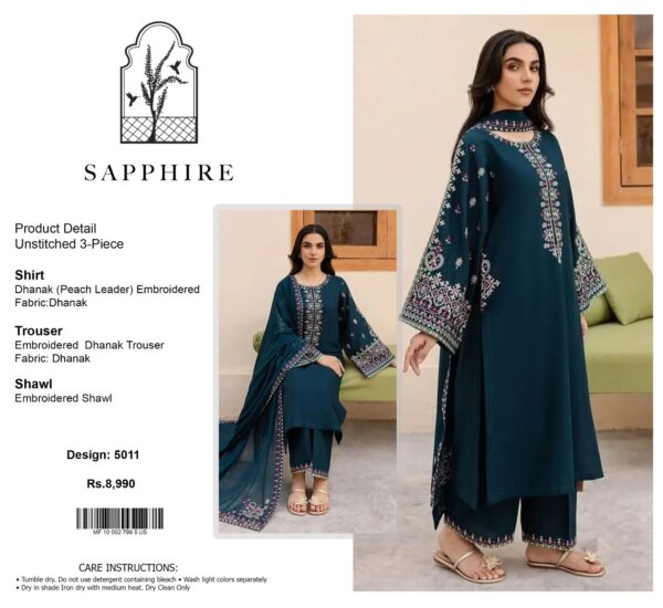 Sapphire 3PC Dahnk Fabric Suit – Heavy Embroidered Sequence Work | Premium Winter Collection 2025